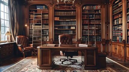 Home office with a large mahogany desk, leather swivel chair, and bookshelves filled with antique volumes.