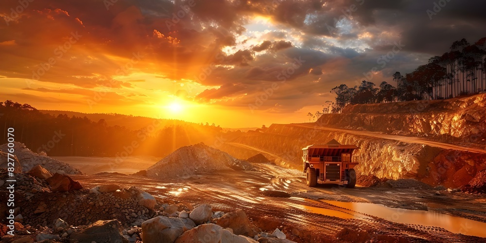 Poster design elements with space for text during a mining operation at sunrise. concept mining operation, 
