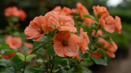  A tight shot of a flower bunch, green leaves in front, and blurred trees and shrubs behind, featuring several orange blossoms