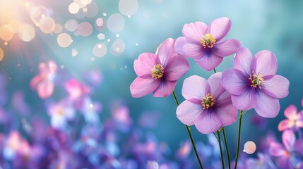  A cluster of pink blooms atop a blue-purple flower field, framed by a blue backdrop and white-yellowish bokeh of light bubbles - Powered by Adobe