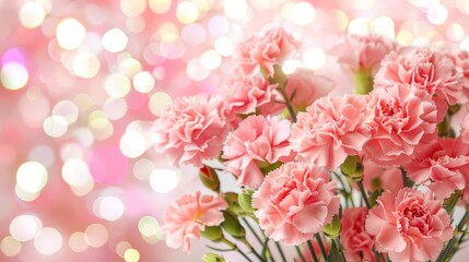  A pink vase holds a bouquet of carnations against a matching background, with a blurred depth of field and soft light glares