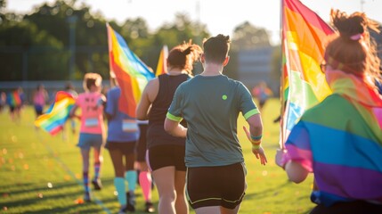 A group of people are running in a field with rainbow flags