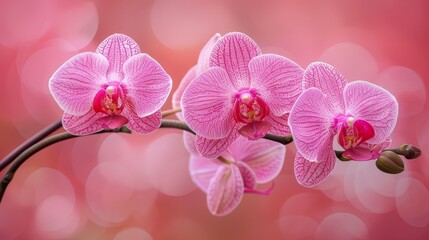  A close-up of two pink orchids on a branch, with a sharp focus on the blooms Background features a soft, out-of-focus bokeh of light
