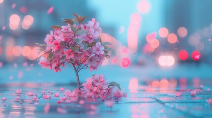  A tight shot of a pink bloom on a damp surface, surrounded by blurred city lights in the background