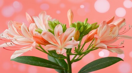  A close-up of a flower in a vase against a pink background features a blurry bokeh of light and dark circles