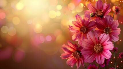  A group of pink flowers in the foreground, surrounded by a softly blurred background One flower bears a bee, another has a bee hovering above it in the middle of the