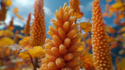  A close-up of orange flowers against a blue sky with clouds in the background