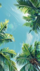 Fototapeta premium Summer background. Palm trees seen from below