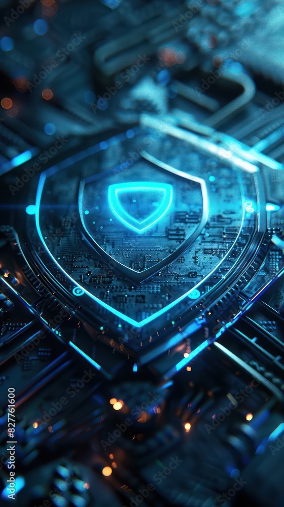 Poster futuristic cybersecurity concept with a glowing blue shield on a microchip, symbolizing data protect