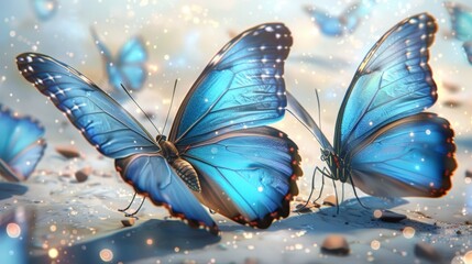  A group of blue butterflies sits atop a sandy ground beside a blue sky dotted with numerous tiny,...