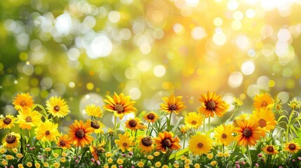  A scene of a sun-kissed field filled with tall yellow sunflowers Sun rays filter through the trees behind, creating a soft, blurred outline of the sun in the