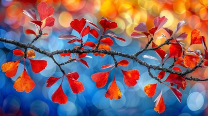  A tree branch in focus, adorned with red and yellow leaves Background blurred with a soft, ethereal light Blue sky overhead