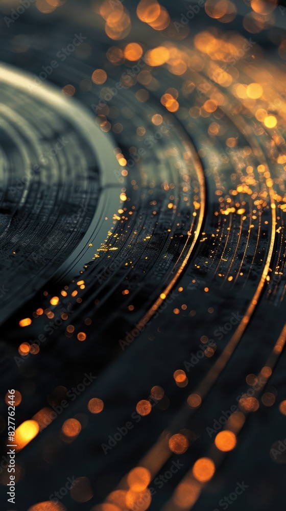 Poster abstract image of a vinyl record with glowing orange bokeh lights, creating a vibrant and dynamic vi