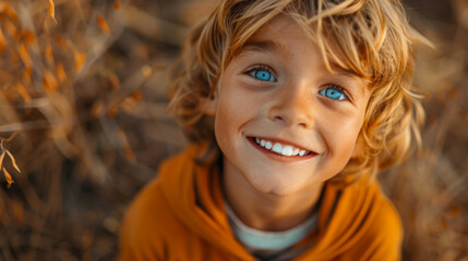 Fototapeta premium Close-up of the face of a little blue-eyed boy having fun in a field on a sunny day. Cheerful boy smiling and walking outdoors. Concept of walking, fun.