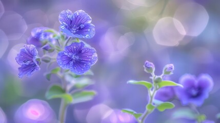  A tight shot of a purple flower, dewdrops glistening on its petals Background softly blurred with blue and purple blooms and emerald green leaves - Powered by Adobe