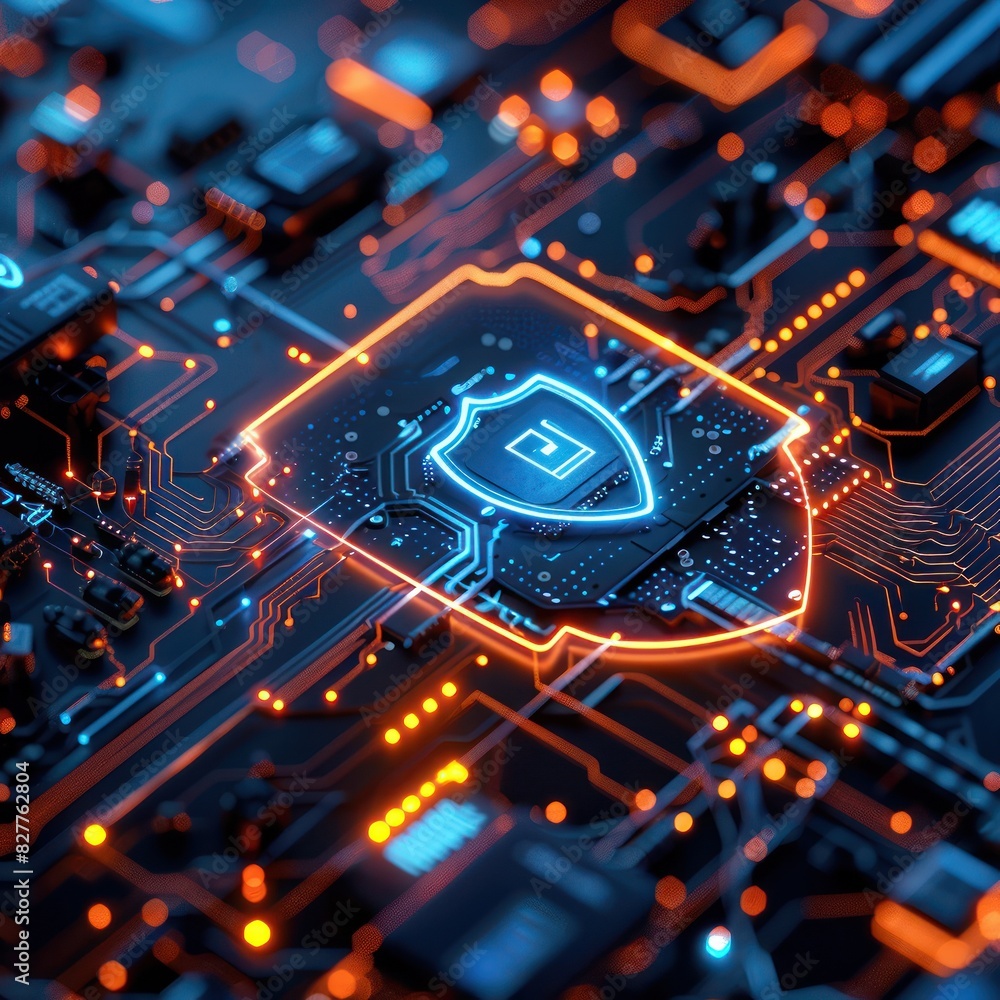 Poster close-up of a futuristic circuit board with glowing lights, emphasizing cybersecurity and digital pr