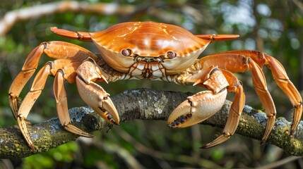  A tight shot of a crab on a tree limb, surrounded by a hazy backdrop of leaves and branches, with just one leg extending into view