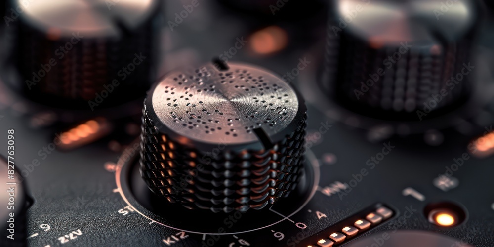 Poster close-up of a mixer knob on a professional audio control panel, highlighting the intricate texture a