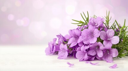  A bunch of purple flowers sit on a white table In the background, a light purple bouquet with a soft blur