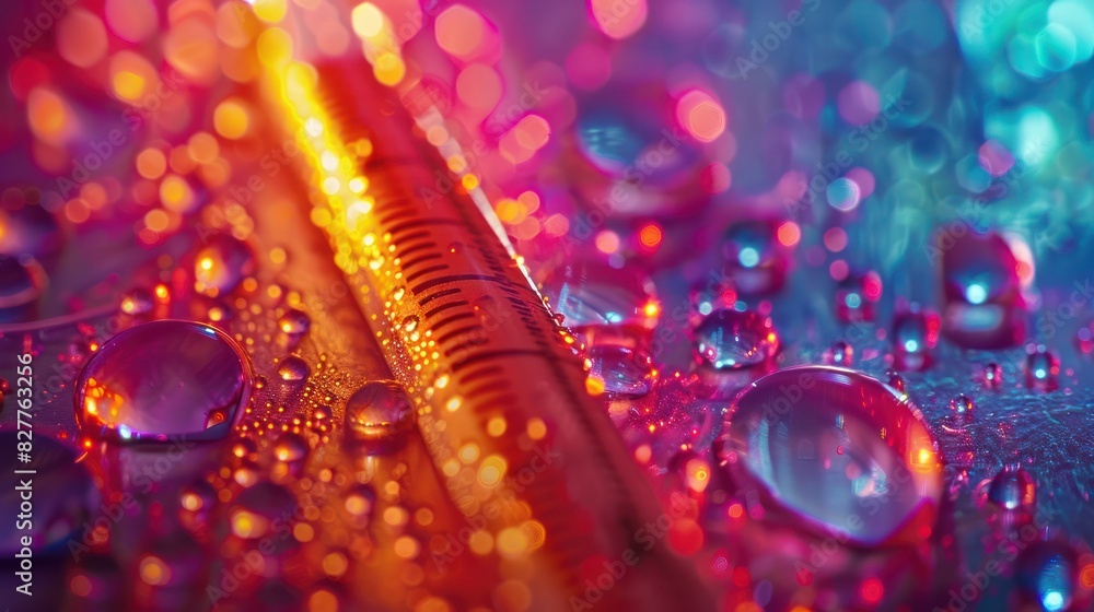 Aufkleber close-up of a syringe with droplets of water, illuminated by colorful, blurred lights creating a vib