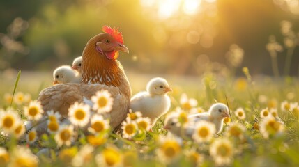  A rooster atop a sunflower-bordered chicken cluster, overseeing hens