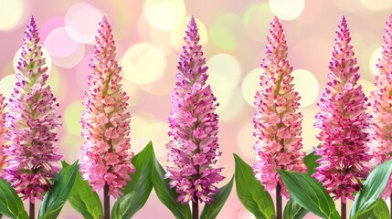  A group of pink flowers with green leaves is situated in front of a backdrop of light-colored, blurred background