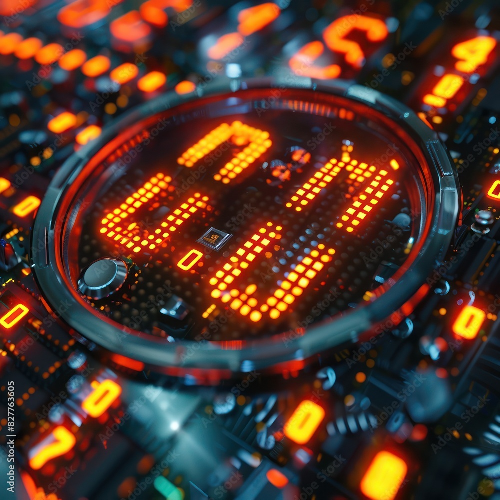 Aufkleber close-up of futuristic digital display circuitry with glowing numbers and vibrant lights, illustrati