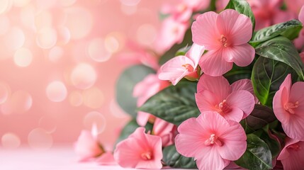  A pink backdrop is home to a cluster of flowers, their petals rosy and vibrant Green leaves contrast against this hue Light bokeh emanates from the center