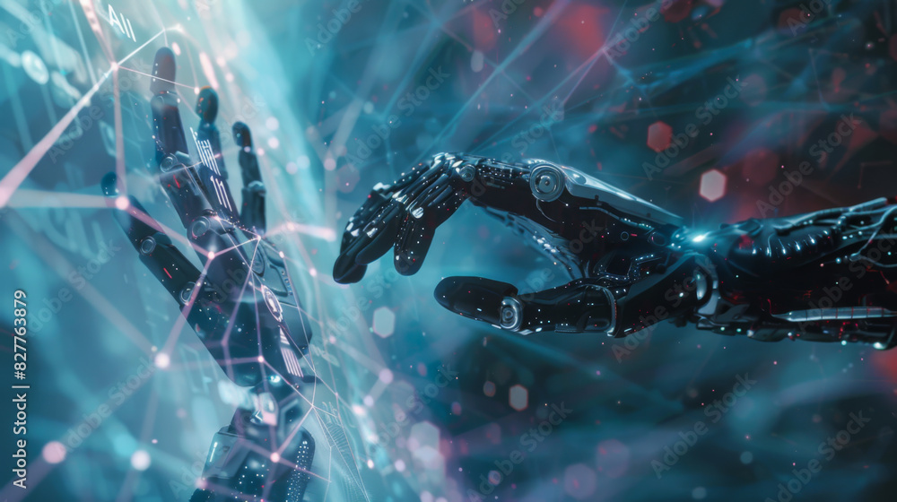 Poster close-up of a robot's hand touching a digital network. technical progress. a complex network of big 