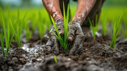 Close-up of hands planting rice seedlings in a muddy field, showcasing traditional farming techniques and agricultural labor.