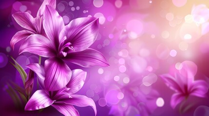  A tight shot of a purple flower against a blend of purple and pink backdrop, featuring softly focused lights in the distance, and a hazy foreground of blooms