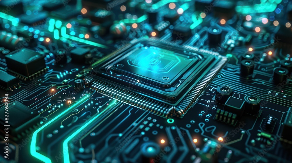 Aufkleber close-up view of a glowing computer motherboard with circuits, chips, and technology components in v