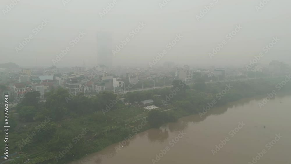 Poster Aerial view of Hanoi Downtown Skyline with fog mist, Vietnam. Financial district and business centers in smart urban city in Asia. Skyscraper and high-rise buildings.