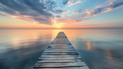 Tranquil Wooden Walkway Over Calm Waters at Sunset