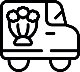 Black line icon of a delivery truck carrying a large flower bouquet, suitable for delivery services