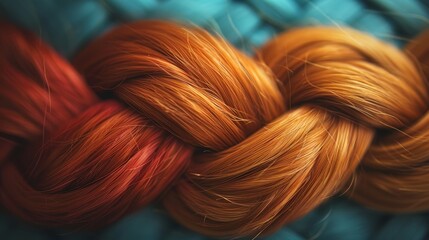  A close-up of a red and orange hair skein against a blue and green background, with a separate red and orange skein nearby