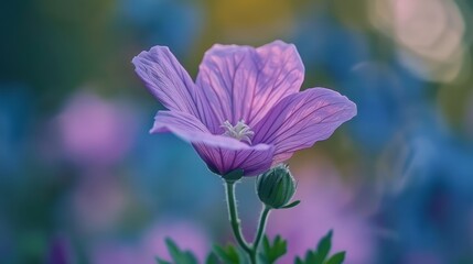  A tight shot of a purple bloom against a softly blurred backdrop of blue, pink, and yellow blossoms, with a verdant stem in the foreground