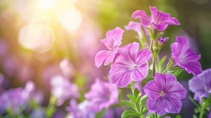 sun shines through green leaves Pink, purple blooms, green stems Foreground features pink and purple flowers