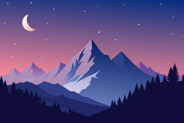 Pink and blue night sky landscape with Snowy mountains, stars, starry sky, half moon vector illustration 
