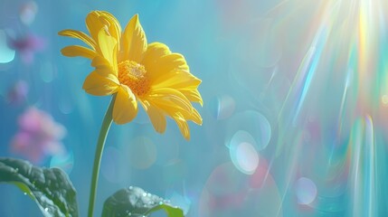  A yellow flower atop a verdant plant, nestled by a bright blue sky A sun with rainbow hues beams behind