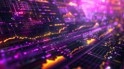 Modern purple digital dashboard with currency charts. Modern technologies. Futuristic screen.