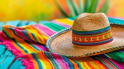  A straw hat atop a vibrant blanket, that rests upon another, which covers a third This trio sits atop a colorful tablecloth draped over a wooden table