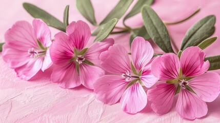  A cluster of pink blooms rests atop a pink backdrop, their verdant leaves crowning petals, while stems, green and rooting below, support them