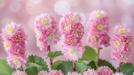 pink flowers with green leaves, pink and white backdrop (boke