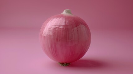  A large pink onion atop a pink surface, set against a light pink backdrop The onion's green stem projects from its top