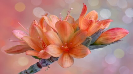  A close-up of a flower on a branch with bokeh  of lights in the background, and a blurred background