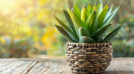  A tight shot of a small plant in a basket against a wooden table Background features trees and bushes with a blurred appearance - Powered by Adobe
