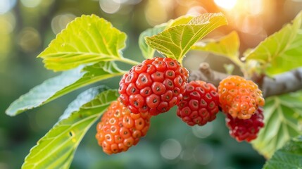  Raspberries bloom on a tree branch, surrounded by green leaves in a sunlit park Close-up of sunlight filtering through foliage - Stock Photo (42 tokens