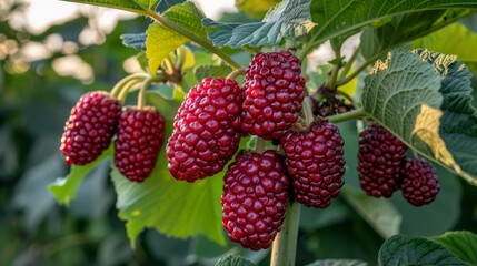  A bush teeming with sun-kissed raspberries and vibrant green leaves, bathed in sunlight