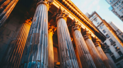 Facade of an ancient building in the rays of sunset. Bank buildings. View from below. Historical building concept.